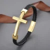 Pulsera Cuero Cruz Oro Hombre.