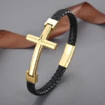 Pulsera Cuero Cruz Oro Hombre.