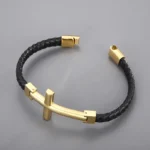 Pulsera Cuero Cruz Oro Hombre.