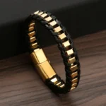 Brazalete Cuero Trenzado Dorado Hombre